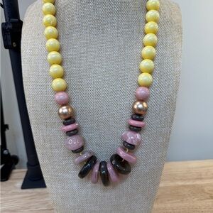 Long Beaded Necklace, Chunky Yellow Pink Graduated, Boho, Colorful, Fun